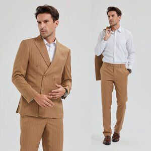 Camel Tan Pinstriped 2pc Suit w/ Peak Lapel by Tazio